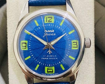 Orologio da polso da uomo vintage Hmt Jawan meccanico a carica manuale con quadrante blu da 17 gioielli