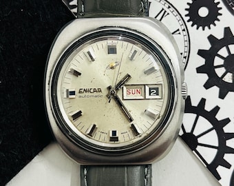 Vintage Authentic Enicar Automatic Silver Dial Date/Day Swiss Made Men’s Wrist Watch