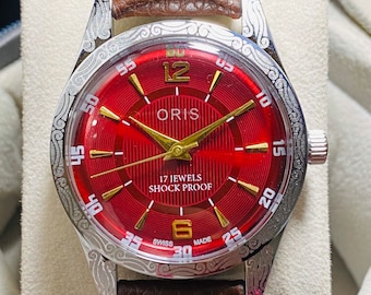 Orologio vintage Oris con quadrante rosso a carica manuale, movimento FHF ST-96, orologio da polso svizzero da uomo