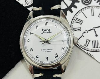 Vintage Hmt Janata arabische Ziffern weißes Zifferblatt mechanische Handaufzug 17Jewels Herrenarmbanduhr