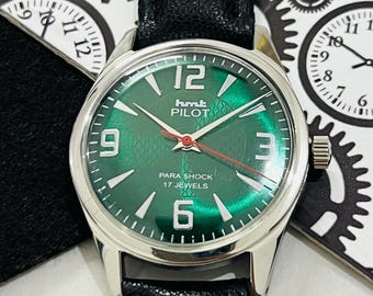 Relógio de pulso masculino vintage HMT Pilot mecânico com corda manual e mostrador verde 17Jewels
