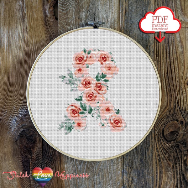Floral Breast Cancer Ribbon Cross Stitch Pattern | Cancer Survivor | Rose Patterns | Handmade Gifts | Gifts for Her | PDF Instant Download