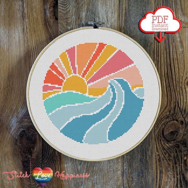 Sunshine Wave Cross Stitch Pattern | Ocean pattern | Surfing Cross Stitch | Adventure Awaits | Explore More | Island Art