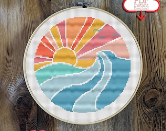Sunshine Wave Cross Stitch Pattern | Ocean pattern | Surfing Cross Stitch | Adventure Awaits | Explore More | Island Art