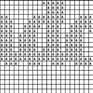 May include: A grid-based image with the number 6 arranged in a pattern. The image is composed of black and white squares, with the number 6 filling some of the squares. The arrangement of the number 6 creates a visual pattern.