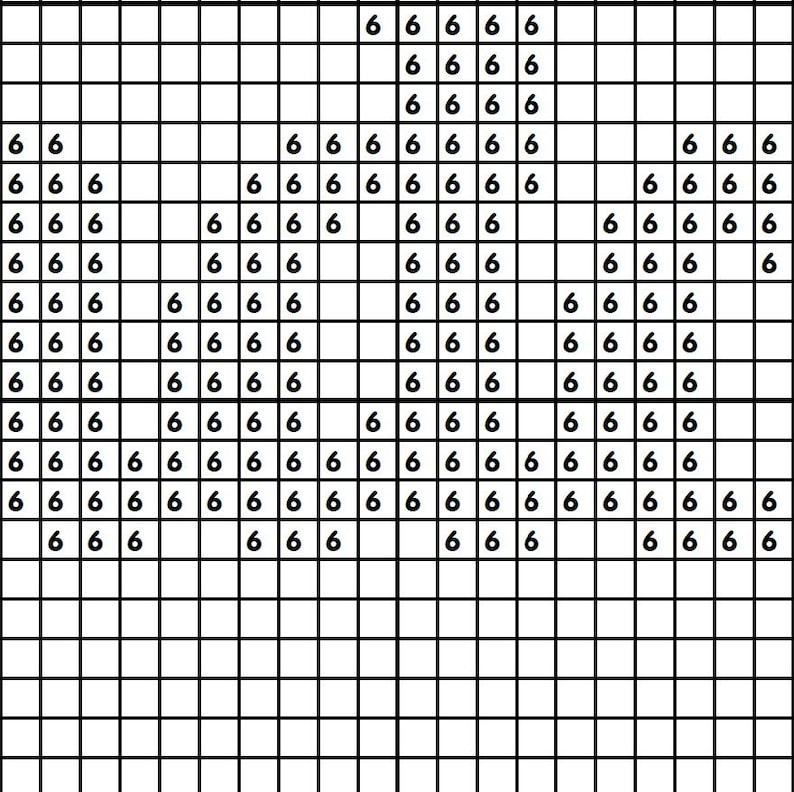 May include: A grid-based image with the number 6 arranged in a pattern. The image is composed of black and white squares, with the number 6 filling some of the squares. The arrangement of the number 6 creates a visual pattern.