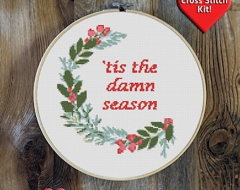 Tis the Damn Season Premium Cross Stitch Kit - EVERYTHING INCLUDED | Christmas Wreath | Cozy | Mistletoe | Home for the Holidays | Xmas