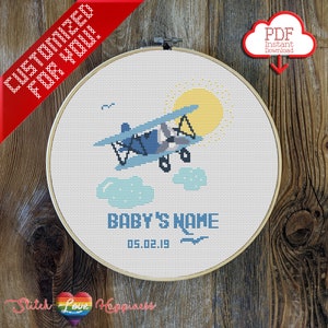 Customized Baby Name Plane Cross Stitch Pattern | Customized For You | PDF Download | The Places You&#39;ll Go | Travel Room | Blue Sky Nursery