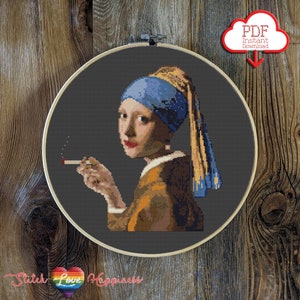 May include: Cross-stitch pattern of a woman with a blue headscarf and a pearl earring, holding a cigarette. The pattern is in a dark gray hoop.