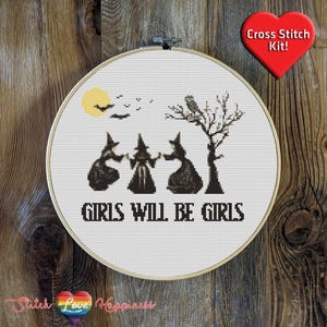 Girls Will Be Girls Premium Cross Stitch Kit - EVERYTHING INCLUDED - 8 Inch Hoop, Needle, DMC Thread, Fabric, and Step-by-Step Instructions