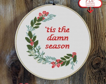 Tis the Damn Season Kreuzstichmuster | Weihnachtskranz | Gemütliche Muster | Mistel und Ilex | Zuhause für die Feiertage | Weihnachtsdekor
