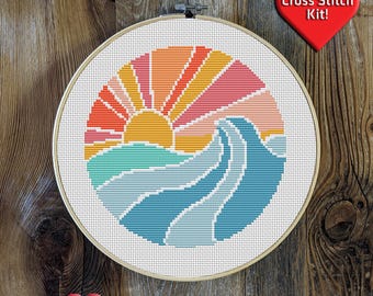 Sunshine Wave Premium Cross Stitch Kit - EVERYTHING INCLUDED | Ocean pattern | Surfing | Adventure Awaits | Explore More | Island Art