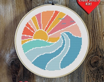 Sunshine Wave Premium Cross Stitch Kit - EVERYTHING INCLUDED - 8 Inch Hoop, Needle, DMC Thread, Fabric, and Easy-to-Follow Instructions