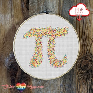 May include: A colorful cross-stitch pattern of the mathematical symbol pi, framed in a wooden hoop. The pattern is made up of small, colorful squares.