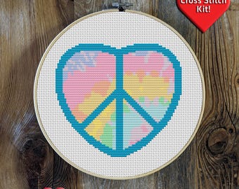 Peace and Love Premium Cross Stitch Kit - EVERYTHING INCLUDED | Bohemian Design | Rainbow Tie Dye | Beginner Pattern | Hippy | Pacifist