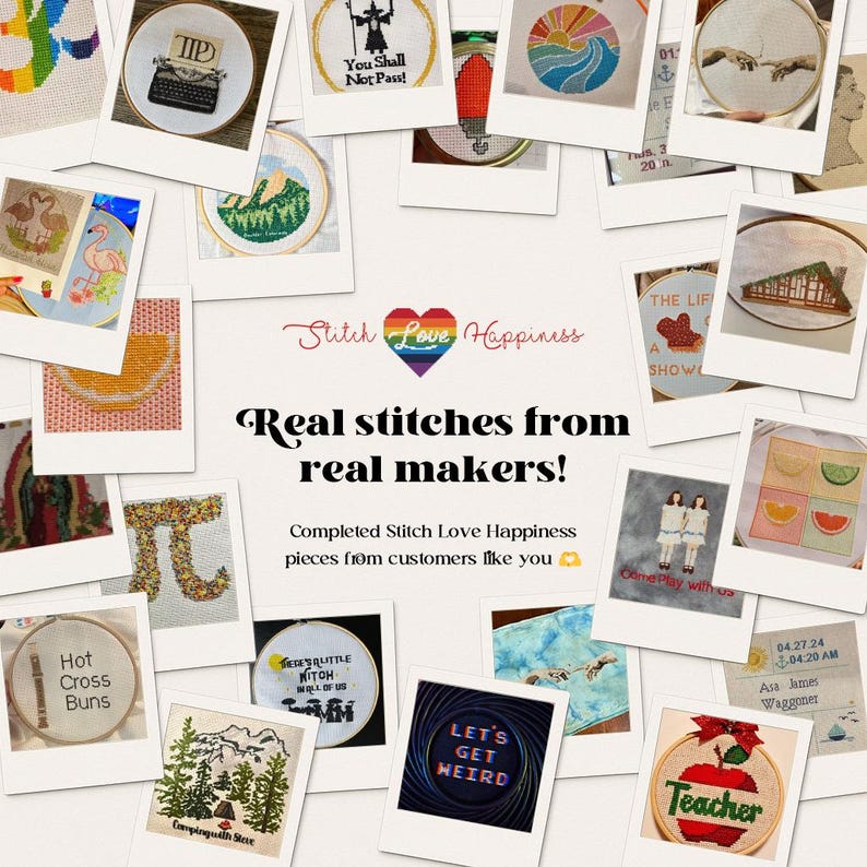 May include: A collection of framed embroidery art pieces, showcasing various designs like a typewriter, a wizard, and a pi symbol. The text "Real stitches from real makers!" is displayed, along with the phrase "Let's Get Weird".