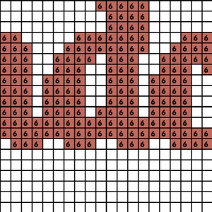 May include: Pixelated image of a cross-stitch pattern. The design features a series of brown squares arranged against a white grid background. The number 6 is repeated throughout the brown squares, forming a pattern.