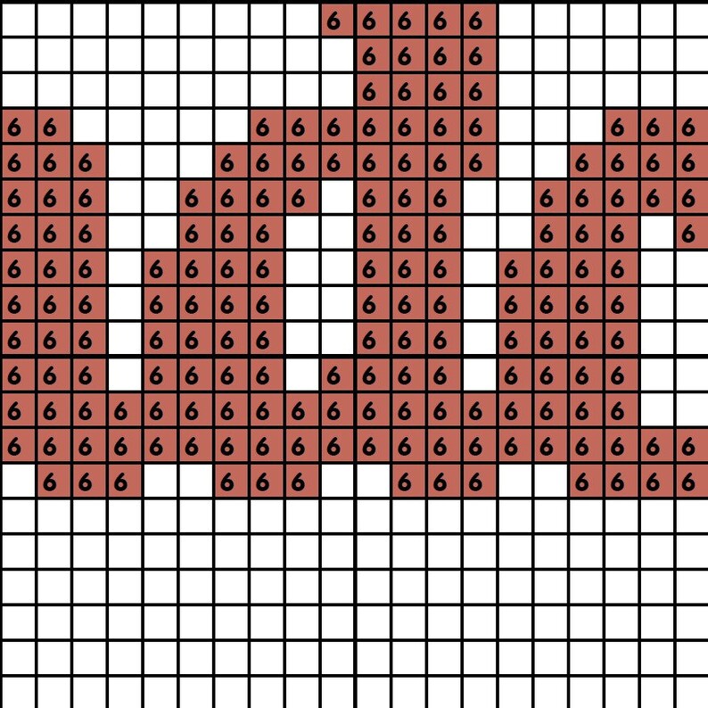 May include: Pixelated image of a cross-stitch pattern. The design features a series of brown squares arranged against a white grid background. The number 6 is repeated throughout the brown squares, forming a pattern.