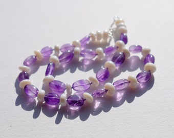 Amethyst and White Opal Silk-Knotted Gemstone Necklace | Sterling Silver Beaded October February Birthstone | Silk-Knotted Fall Accessory