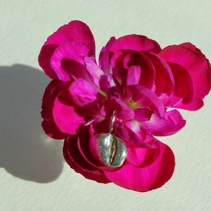 Könnte beinhalten: Ein silberner Anhänger in Form einer Kaffeebohne, der auf einer rosa Blume liegt.