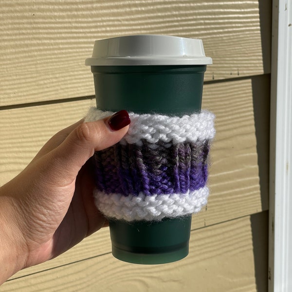 Two Tone Hand Knit Cup Cozy // Eco Friendly Coffee Sleeve // Purple and Gray Coffee Accessory