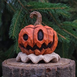 Halloween Pumpkin Jester Wood Carving  – Handcrafted Rustic Fall Decor