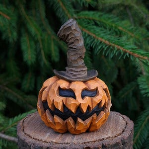 Halloween Pumpkin Wood Carving with a Long Top Hat – Handcrafted Rustic Fall Decor