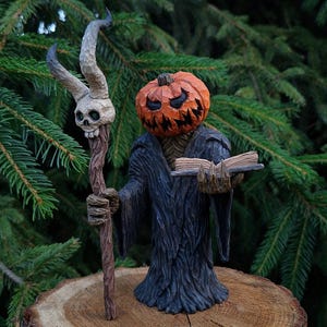 Halloween Pumpkin Lich Wood Carving hold a Staff and a Book – Handcrafted Rustic Fall Decor