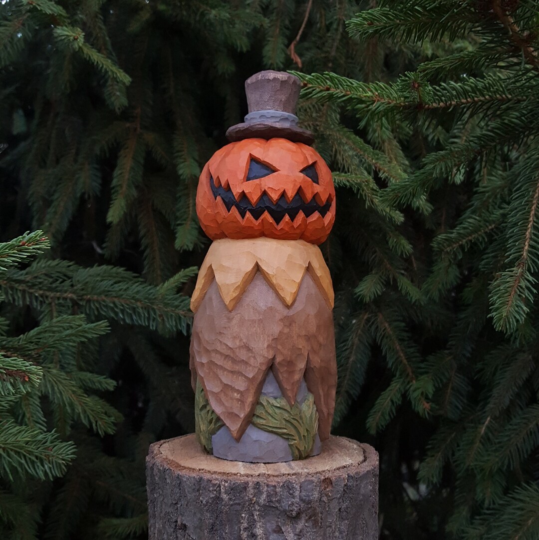 Wood Carving Wooden Pumpkin Head Carving With Small Top Hat and a ...
