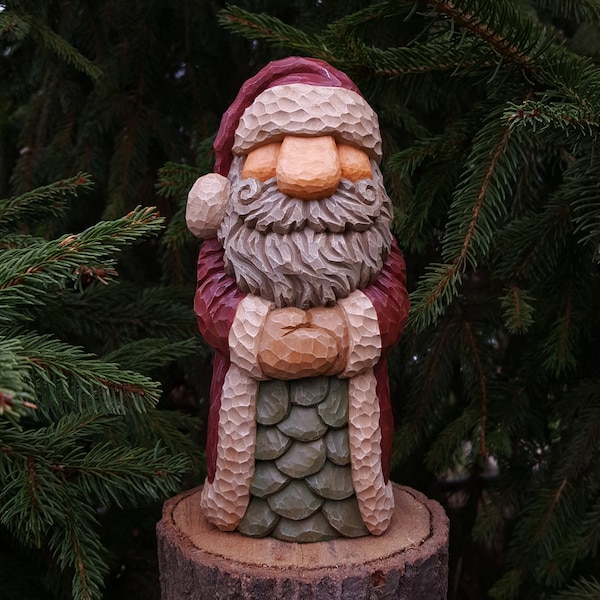 Wood Carving - Wooden Santa Carving with Dark Red and Off White Coat with Leaves - Hand Carved and Painted - Christmas Decor - TonyCarvings