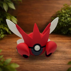 May include: A red and white creature figurine with a spherical body, two large red pincers, and two white wings extending from the back. The center of the body features a black and white circular emblem resembling a ball with a central button.