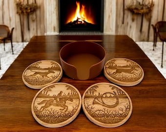 Juego de 4 posavasos con soporte para la caza del zorro. Cazador de zorros. Perros. Regalo ecuestre.
