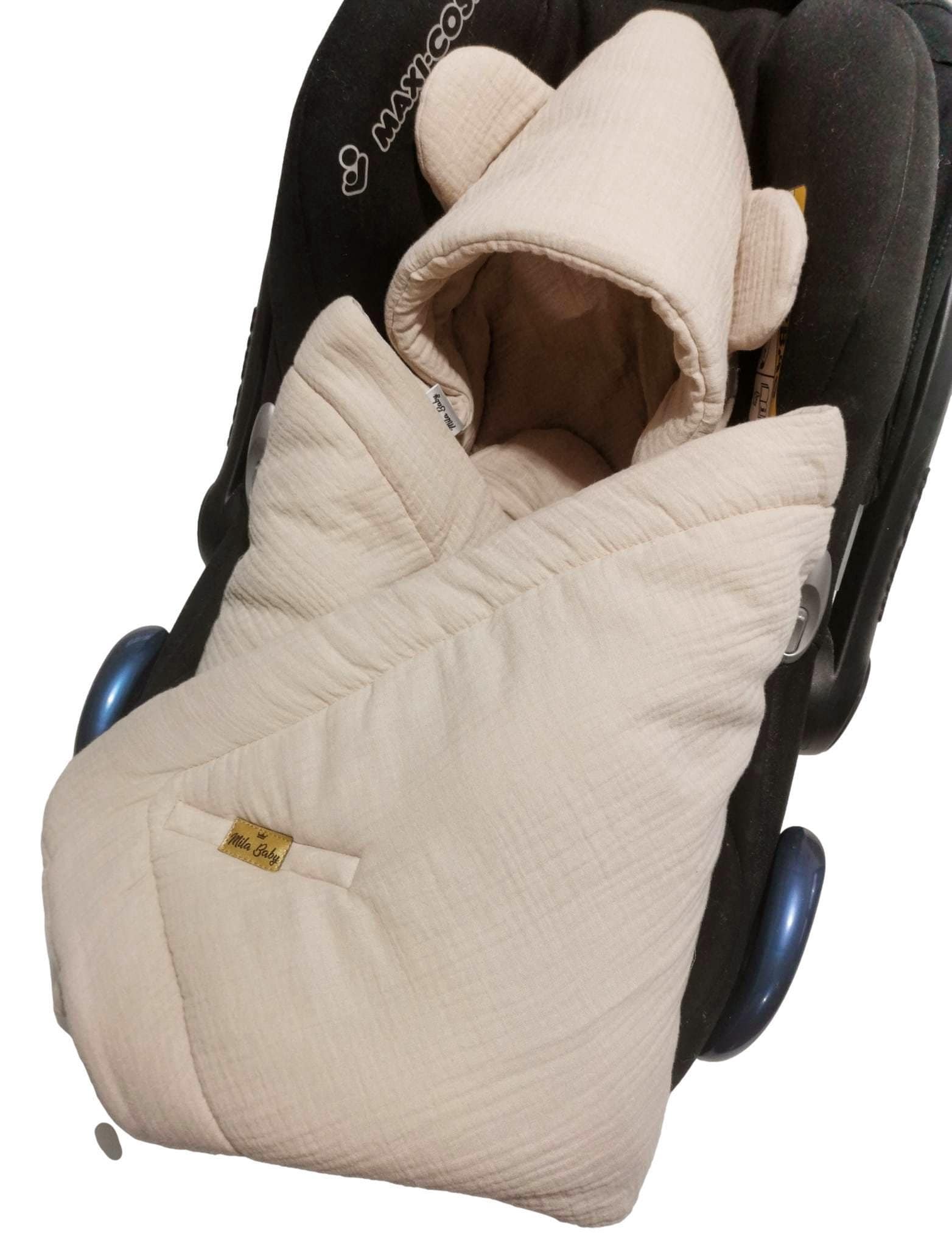 Soft, Cozy Baby Car Seat Blanket with Hood - beige muslin - Perfect for spring & summer - Fits 3-Point Seat Belts