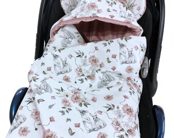 Spring Baby Car Seat Blanket with Hood - Pink Bunnies, Perfect for Summer, Fits 3-Point Seat Belts - Ideal Baby Shower Gift,