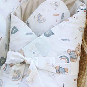 Cotton Baby horn with beige bears| Soft Baby Blanket, Comfortable Sleeping Bag for blue Nursery Room