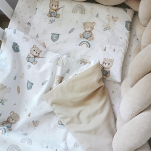 Newborn bedding set with beige bears , Kids and Baby Bedding Set, Organic cotton Kids Bedding, Soft Duver and Pillow Set for Kids, baby gift