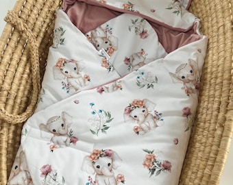 Soft, Cozy Baby Car Seat Blanket with Hood - Happy Elephants - Perfect for spring & summer - Fits 3-Point Seat Belts