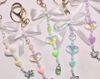 Handmade Beaded Heart Keychain with Ribbon | Pink, Green, Blue, Purple, White