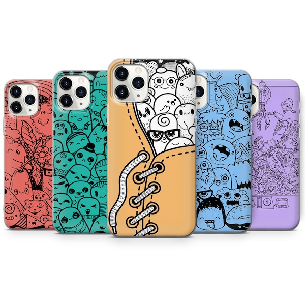 Doodle art phone case, Cartoon monsters cover for iPhone 14 Pro, 13, 12, 11, XR, 8+, 7 & Samsung S21, A50, A51, A53, Huawei P20, P30 Lite d1