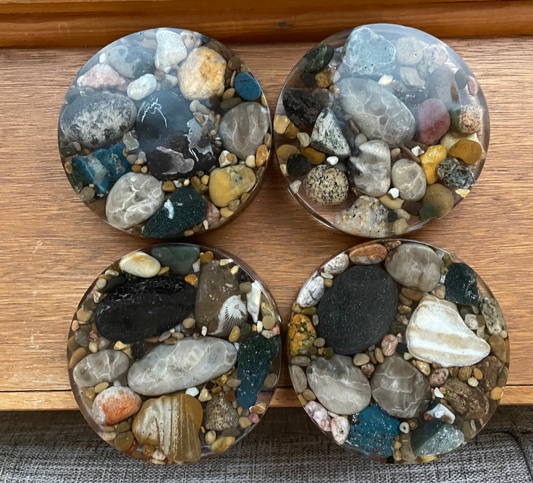 Set of 4 Resin Coasters With Michigan Rocks, Petoskey Stone, and Fossil