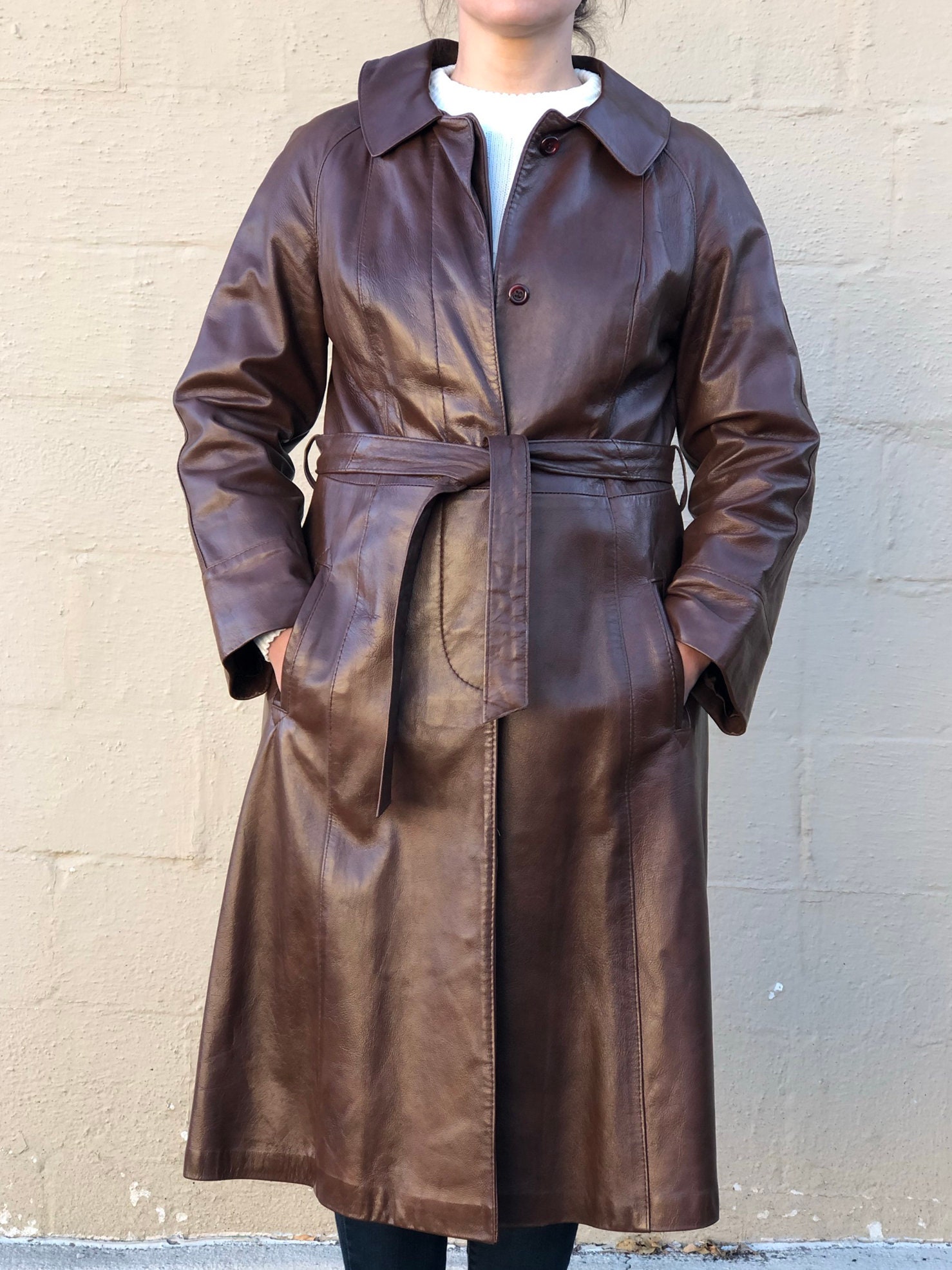 1970s John Shaft Belted Coat Vintage Brown Leather Trench by | Etsy