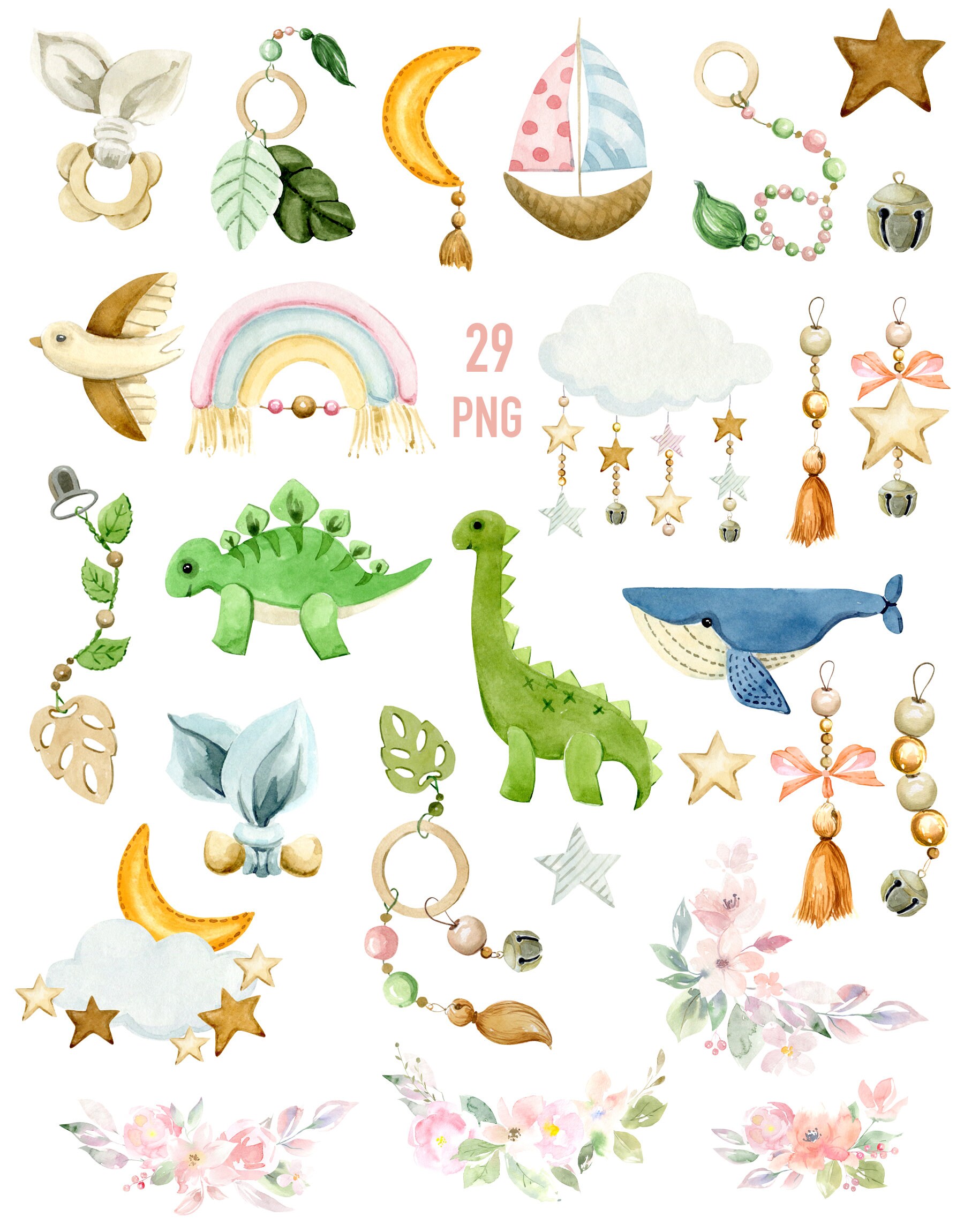 Watercolor Baby Shower Clipart, Boho Nursery Clipart, Cute Kids Toys ...