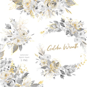 Floral preto, branco e dourado PNG, Clipart floral neutro, Buquês monocromáticos png, Clipart floral empoeirado Guirlanda de casamento, Clipart digital PNG