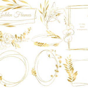 Clipart di cornici floreali in lamina d'oro, clipart botanica in oro PNG, clipart floreale di linea di nozze botaniche, composizioni nuziali, clipart floreale