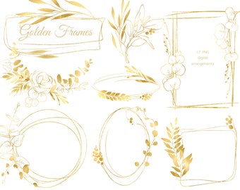 Clipart di cornici floreali in lamina d'oro, clipart botanica in oro PNG, clipart floreale di linea di nozze botaniche, composizioni nuziali, clipart floreale