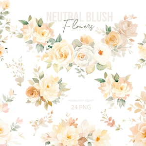 Clipart floral de verde creme e blush, buquês florais neutros em aquarela, PNG de casamento elegante, arranjos pré-fabricados brancos e rosa,