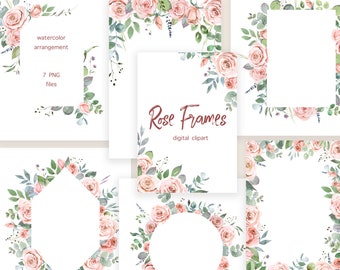 Pink roses frame, watercolor floral frame, watercolor blush roses clipart, corner floral borders, pink flower border clipart, digital frame