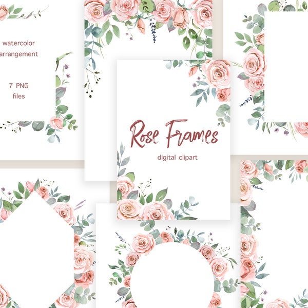 Cadre de roses roses, cadre floral aquarelle, clipart aquarelle, bouquet floral d'angle, roses boho, cadre numérique