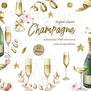 Watercolor champagne clipart, Glasses and Bottles, Wine clipart, Champagne glass watercolor png. Bridal clipart, Gold glitter PNG pattern
