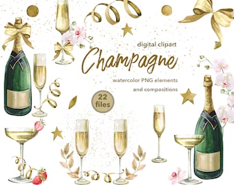 Watercolor champagne clipart, Glasses and Bottles, Wine clipart, Champagne glass watercolor png. Bridal clipart, Gold glitter PNG pattern